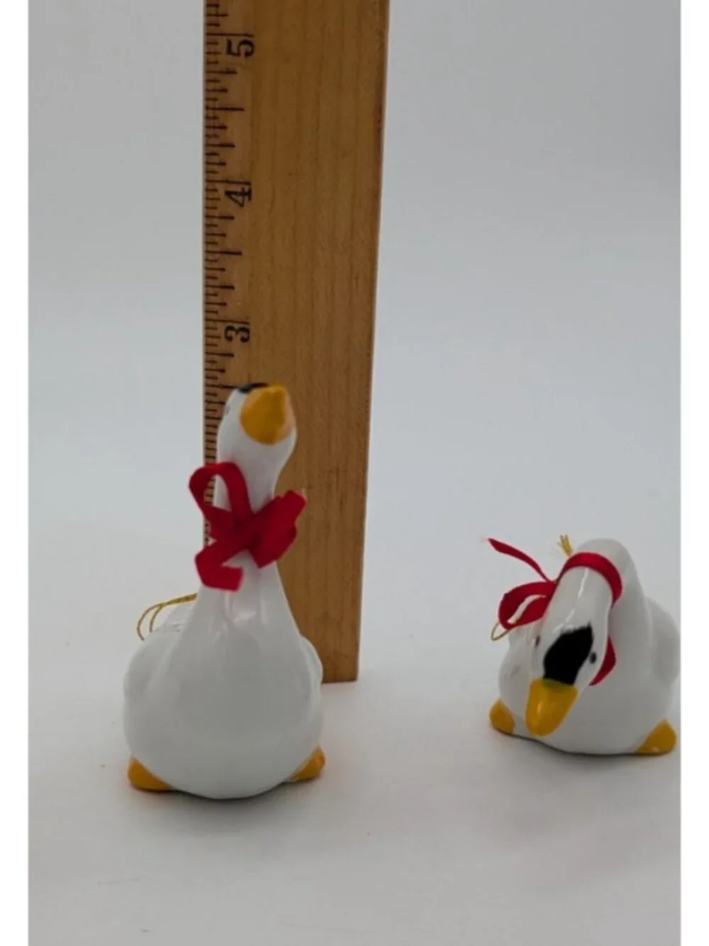 lot of 3 WHITE CERAMIC DUCK GOOSE geese w/RED BOW 2.5” ORNAMENT